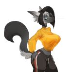  2019 absurd_res anthro big_breasts black_hair blue_eyes bra breasts bypbap canid canine clothing eyewear female glasses hair half-closed_eyes hi_res looking_at_viewer mammal narrowed_eyes simple_background small_waist smile solo standing sweatpants transparent_fabric underwear white_background wide_hips 