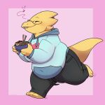  &lt;3 alphys anthro barefoot belly big_breasts blush bottomwear breasts buckteeth chopsticks chub-united clothed clothing eyes_closed eyewear female food fully_clothed glasses happy hi_res holding_bowl holding_food holding_object holding_ramen hoodie lizard love_handles musical_note navel_outline non-mammal_breasts noodles overweight overweight_anthro overweight_female pants ramen reptile running scalie side_view simple_background smile solo sweatshirt teeth thick_tail thick_thighs tight_clothing tight_hoodie tight_sweatshirt tight_topwear topwear undertale video_games wide_hips 