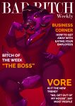  absurd_res anthro clothing cover demon domestic_cat duo felid feline felis gynomorph hi_res horn intersex intersex/male james_howard magazine_cover male mammal micro onlyfans ram_horns subscribestar suit text vore 