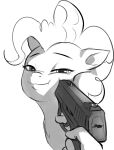  2021 crade disembodied_hand equid equine female feral friendship_is_magic gun handgun hi_res horse looking_at_viewer mammal monochrome my_little_pony pinkie_pie_(mlp) pistol pony ranged_weapon simple_background smug solo_focus weapon white_background 