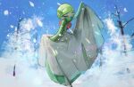  arm_up blue_sky closed_eyes colored_skin day feet_out_of_frame gardevoir gen_3_pokemon green_skin kajitsu_ohima multicolored multicolored_skin no_humans outdoors pokemon pokemon_(creature) sky snow solo_focus standing two-tone_skin white_skin 