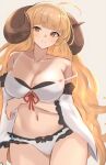  1girl ahoge anila_(granblue_fantasy) bikini blonde_hair breasts cleavage draph granblue_fantasy highres horns large_breasts layered_bikini long_hair looking_at_viewer navel renzu_(lens_02) ribbon-trimmed_bikini sheep_horns short_eyebrows solo swimsuit thick_eyebrows yellow_eyes 