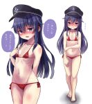  1girl akatsuki_(kancolle) alternate_costume anchor_symbol bare_arms bare_legs bare_shoulders barefoot bikini blush breasts collarbone commentary_request embarrassed eyebrows_visible_through_hair flat_cap full_body groin hair_between_eyes hat highres kantai_collection long_hair micro_bikini open_mouth purple_eyes purple_hair red_bikini ribs side-tie_bikini simple_background skinny small_breasts standing string_bikini sweatdrop swimsuit tearing_up translation_request unagiman white_background 