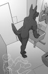  2019 ambiguous_gender anthro anubian_jackal anup bathroom breasts butt canid canine canis duo female fur gert_(hayven_celestia) greyscale hayven_celestia invisible jackal kangaroo macropod male_(lore) mammal marsupial mirror monochrome nude rick_griffin sink spacesuit 