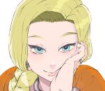  1girl bianca_(dq5) blonde_hair blue_eyes braid close-up closed_mouth dragon_quest dragon_quest_v earrings face hair_over_shoulder hands head_rest highres jewelry lips long_hair looking_at_viewer peiroke ring side_braid simple_background smile solo wedding_band white_background 