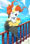  1girl :3 absurdres alternate_eye_color animal_ear_fluff animal_ears animal_nose artist_name black_fur blue_background blue_eyes blue_sky body_fur braixen cloud commentary dated day deviantart_username english_commentary eryz fan fang flat_chest folding_fan fox_ears fox_girl fox_tail full_body furry gen_6_pokemon hand_up happy highres horizon legs_together looking_at_viewer ocean on_railing open_mouth outdoors paws pokemon pokemon_(creature) railing signature sitting sky smile snout solo tail thick_thighs thighs twitter_username water watermark white_fur wind yellow_fur 