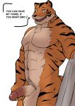  2021 abs anthro armpit_hair balls biceps big_balls black_stripes body_hair chest_tuft dialogue edgybambi english_text fangs felid fur genitals hi_res holding_object holding_penis holding_towel looking_at_viewer male mammal muscular muscular_anthro muscular_male nude open_mouth orange_body orange_fur pantherine pecs penis portrait pubes quads sharp_teeth simple_background solo speech_bubble standing striped_body striped_fur stripes teeth text three-quarter_portrait tiger towel triceps tuft vein veiny_penis white_background 