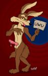  anthro bodily_fluids canid canine canis coyote genital_fluids genitals hokshi looking_at_viewer looney_tunes male mammal penis precum sign solo warner_brothers wile_e._coyote 