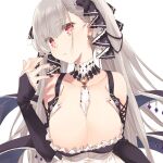  1girl azur_lane between_breasts black_dress black_nails breasts cleavage dress earrings eyebrows_visible_through_hair formidable_(azur_lane) frilled_dress frills grey_hair hair_ribbon jewelry large_breasts long_hair mitsumi_misato nail_polish platinum_blonde_hair red_eyes ribbon solo twintails two-tone_dress two-tone_ribbon upper_body very_long_hair 