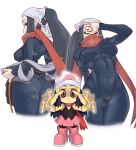  2girls abs ass beanie bodysuit boots breasts chibi covered_navel dawn_(pokemon) female_protagonist_(pokemon_legends:_arceus) guido_(sucurapu) hand_over_face hat head_scarf highres looking_at_viewer medium_breasts multiple_girls multiple_views outstretched_arms pink_footwear pink_skirt pokemon pokemon_(game) pokemon_bdsp pokemon_legends:_arceus ponytail red_scarf scarf simple_background skirt sleeveless smile steaming_body toned undressing white_headwear 