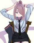  1girl absurdres adjusting_hair armband black_neckwear black_skirt chair collar commentary eyeshadow hair_over_one_eye highres little_witch_academia looking_at_viewer makeup necktie pale_skin pingi_(pingioo) pink_hair red_eyes shirt simple_background sitting skirt solo sucy_manbavaran 