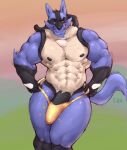  2021 abs anthro barazoku big_muscles big_penis clothed clothing erection erection_under_clothing front_view genitals hi_res licking licking_lips licking_own_lips looking_at_viewer lucario male muscular muscular_anthro muscular_male navel nintendo nipples pecs penis pok&eacute;mon pok&eacute;mon_(species) raikarou self_lick simple_background smile solo spikes spikes_(anatomy) standing tenting thick_penis thick_thighs thong tongue tongue_out underwear video_games 