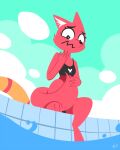  absurd_res adventures_with_anxiety anthro beebee_(adventures_with_anxiety) bikini canid canine canis clothing female fur hi_res holding_tail hydrabb mammal outside red_body red_fur sitting solo swimming_pool swimwear water wolf worried 