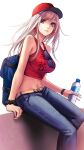  1girl applekun bangs baseball_cap belt belt_buckle black_scrunchie blue_eyes blue_pants bottle breasts buckle casual closed_mouth collarbone crop_top denim earrings fate/grand_order fate_(series) floating_hair hat highres holding holding_bottle jewelry long_hair looking_at_viewer medium_breasts midriff miyamoto_musashi_(fate) miyamoto_musashi_(swimsuit_berserker)_(fate) navel pants red_headwear scrunchie silver_hair simple_background sitting sleeveless solo stomach sunglasses water_bottle white_background wrist_scrunchie 