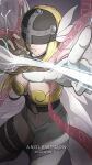  1girl angel_wings angewomon anklet armpits belt blindfold blonde_hair bodysuit bow_(weapon) breasts digimon digimon_adventure digimon_adventure_tri. gloves hamlet highres incoming_attack jewelry laofuzi_dai_bansho long_hair navel simple_background weapon white_bodysuit white_footwear white_gloves wings 