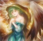  1girl bare_shoulders blue_dress dated dress green_hair happy_birthday head_tilt kimidori_(kimidoriri) lips macross macross_frontier off-shoulder_dress off_shoulder ranka_lee red_eyes short_hair smile solo wings 