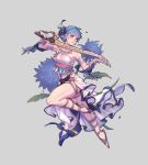  1girl blue_hair braid brown_eyes crown_braid dancer dress earrings faithom fire_emblem fire_emblem:_three_houses flower full_body grey_background hair_flower hair_ornament highres holding holding_sword holding_weapon jewelry marianne_von_edmund parted_lips simple_background solo sword weapon 