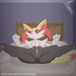  2d_animation animated anthro bed braixen dengon female frame_by_frame furniture genitals looking_at_viewer loop low_res nintendo pok&eacute;mon pok&eacute;mon_(species) presenting presenting_pussy pussy red_eyes simple_background solo video_games 