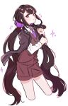  1girl alternate_costume bangs black_hair brown_shorts brown_vest commentary_request cropped_legs danganronpa_(series) danganronpa_v3:_killing_harmony from_side frown hair_ornament hair_scrunchie hairclip hand_up harukawa_maki highres holding holding_hair long_hair long_sleeves looking_at_viewer low_twintails necktie pink_neckwear pink_scrunchie red_eyes scrunchie shirt shorts simple_background solo sparkle twintails very_long_hair vest white_background white_shirt yoshi_taka_(y_04taka) 