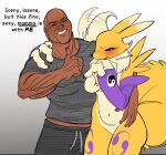  2020 anthro biped blush canid canine clothed clothing digimon digimon_(species) duo dwayne_johnson female fur gloves handwear hi_res human kaboozey looking_at_viewer male male/female mammal nude renamon shirt smile sweats topwear 