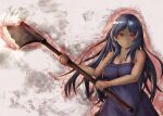  1girl axe bangs bare_arms bare_shoulders black_hair blue_dress breasts cleavage closed_mouth commentary_request copyright_request dark_skin dark_skinned_female dress eyebrows_behind_hair highres hikari_niji holding holding_axe long_hair medium_breasts parted_bangs red_eyes solo strapless strapless_dress very_long_hair 