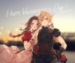  1boy 1girl aerith_gainsborough armor bag bangs blonde_hair blue_eyes bow box box_of_chocolates bracelet bracer braid braided_ponytail brown_hair cloud_strife dress final_fantasy final_fantasy_vii flower frilled_dress frills green_eyes hair_bow hand_on_another&#039;s_shoulder happy_valentine heart-shaped_box highres holding_hands jacket jewelry kieta necklace outdoors parted_bangs pink_dress puffy_short_sleeves puffy_sleeves red_jacket red_ribbon ribbon rose shopping_bag short_sleeves shoulder_armor single_pauldron sleeveless sleeveless_turtleneck spiked_hair turtleneck upper_body v 