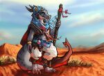  anthro asideasea claws clothed clothing desert digital_media_(artwork) dungeons_and_dragons facial_piercing female grey_body grey_skin hasbro hi_res horn kobold muscular nose_piercing outside piercing plant reptile ring scalie sky solo spots staff standing thick_tail vateo wizards_of_the_coast 
