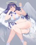  1girl angel_wings ass bangs blush bra breasts cleavage closed_mouth collarbone commission eyebrows_visible_through_hair feathered_wings gappt hair_between_eyes halo large_breasts looking_at_viewer lying navel on_side original panties purple_eyes purple_hair shin_guards solo thighs underwear underwear_only white_bra white_panties wings wristband 