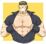  1boy abs bara bare_pecs baseball_cap beard black_shirt blonde_hair chest_hair cropped_torso facial_hair fingerless_gloves gloves hat hataraku_saibou hataraku_saibou_black highres killer_t_(hataraku_saibou) large_pectorals male_focus mature_male muscular muscular_male nipples old old_man open_clothes open_shirt scar scar_on_cheek scar_on_face shigetashigezo shirt short_hair smile solo stomach 