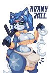  anthro baton big_breasts blue_body blue_hair bottomwear breasts bulge canid canine cleavage clothed clothing digital_media_(artwork) fox go_to_horny_jail green_eyes gynomorph hair handcuffs headdress intersex krystal loincloth looking_at_viewer mammal meme midriff navel nintendo pixel_(artwork) police_baton ses_vanbrubles shackles shoulder_pads simple_background solo star_fox thick_thighs video_games white_background wide_hips 