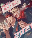  2021 2boys :d agtkme2304 alternate_costume black_hair black_jacket black_kimono blush happy_new_year headband holding holding_phone jacket japanese_clothes ken_masters kimono leaning_on_person male_focus mature_male multiple_boys new_year open_mouth phone red_scarf ryu_(street_fighter) scarf short_hair smile spiked_hair street_fighter street_fighter_ii_(series) thick_eyebrows upper_body yaoi 