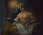  1boy abs armband bare_pecs blonde_hair book candle candlestand collarbone crossed_legs curtains dio_brando earrings fire green_lips headband heart holding holding_book jewelry jojo_no_kimyou_na_bouken looking_at_viewer makeup male_focus muscular muscular_male nipples open_book scar_on_neck shirtless solo stardust_crusaders ye_(ye79132751) yellow_eyes 