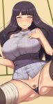  1girl bandaged_leg bandages bangs bare_arms bare_shoulders black_hair blunt_bangs blush breasts commentary_request covered_collarbone female_pubic_hair grey_eyes hand_up hands_on_own_breasts highres huge_breasts hyuuga_hinata long_hair looking_at_viewer lying micro_panties naruto naruto_(series) nt00 on_back panties partially_visible_vulva pubic_hair purple_panties skindentation smile spread_legs thighhighs underwear 