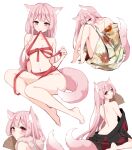  1girl :q animal_ear_fluff animal_ears asazuki_norito back bangs bare_legs bare_shoulders barefoot black_kimono blush borrowed_character breasts clothes_down commentary_request commission eyebrows_visible_through_hair fan floral_print fox_ears fox_girl fox_tail from_behind full_body holding holding_fan holding_ribbon japanese_clothes kimono knees_up long_hair looking_at_viewer looking_back mouth_hold multiple_views naked_ribbon no_bra original pink_hair pink_tail pixiv_request print_kimono puckered_lips red_eyes red_ribbon ribbon ribbon_in_mouth sideways_glance sitting small_breasts smile tail tongue tongue_out very_long_hair wariza 