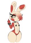  anthro big_ears bit-small bottomless bottomless_female breasts clothed clothing collar colored eyelashes female genitals gesture hair hair_over_eye hi_res mammal middle_finger multicolored_body narrowed_eyes navel nintendo one_eye_obstructed pasties pok&eacute;mon pok&eacute;mon_(species) pussy red_body simple_background small_breasts solo spinda spiral_eyes tan_body thick_thighs video_games white_background wristband 