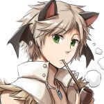  1boy animal_ears bangs black_wings cat_ears closed_mouth commentary_request demon_wings expressionless eyebrows_visible_through_hair fur-trimmed_shirt fur_trim green_eyes head_wings holding holding_pipe jewelry light_brown_hair looking_at_viewer looking_to_the_side male_focus natsuya_(kuttuki) necklace open_clothes open_shirt pipe pipe_in_mouth ragnarok_online shirt short_hair simple_background smoke smoking solo suspenders upper_body white_background white_shirt whitesmith_(ragnarok_online) wings 