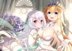  2girls :d antenna_hair ass bangs bare_shoulders blue_eyes blurry blurry_background blush breasts brown_hair cleavage commentary_request curtains depth_of_field dress elbow_gloves eyebrows_visible_through_hair flower gloves hair_between_eyes hair_flower hair_ornament indoors kokkoro_(princess_connect!) large_breasts long_hair looking_at_viewer lydia601304 multiple_girls open_mouth panties pecorine_(princess_connect!) princess_connect! princess_connect!_re:dive purple_eyes purple_flower rose silver_hair smile strapless strapless_dress thighhighs tiara transparent underwear very_long_hair white_dress white_flower white_gloves white_legwear white_panties yellow_flower yellow_rose 