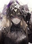  1girl armor bangs black_gloves blue_eyes eyebrows_behind_hair fantasy gloves hand_on_headwear helmet highres knight korean_commentary long_hair looking_at_viewer metal_gloves original pigeon666 plume red_pupils solo twintails upper_body worried 