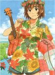  2girls adjusting_strap ayase_fuuka azuma_kiyohiko bag bangs beach blue_shirt blue_shorts bob_cut brown_eyes brown_hair cloud collarbone cowboy_shot floral_print flower green_hair hair_between_eyes hand_on_own_shoulder hawaiian_shirt head_out_of_frame head_wreath holding holding_bag holding_innertube holding_instrument innertube instrument koiwai_yotsuba leaf_print light_blush looking_at_viewer multiple_girls ocean official_art quad_tails scan shirt short_hair short_shorts short_sleeves shorts smile solo_focus thick_eyebrows thigh_gap tote_bag ukulele yellow_shirt yotsubato! 