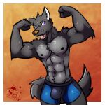  abs absurd_res anthro athletic biceps black_body black_fur bulge canid canine canis clothed clothing digital_media_(artwork) flexing fur hi_res kurobi_schnitter looking_at_viewer male mammal muscular muscular_anthro muscular_male nipples open_mouth pecs pose simple_background smile solo standing teeth topless underwear ventkazemaru wolf 