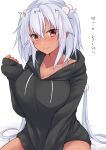  1girl alternate_costume black_hoodie blush breasts brown_eyes cleavage closed_mouth collarbone dark_skin dark_skinned_female eyebrows_visible_through_hair eyewear_on_head glasses highres hood hoodie kantai_collection large_breasts lips long_hair looking_at_viewer mashiro_yukiya musashi_(kancolle) rectangular_eyewear sitting smile solo translation_request twintails very_long_hair white_hair 