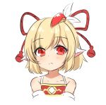  1girl alternate_hair_length alternate_hairstyle animal_ears bare_shoulders blonde_hair character_request check_character closed_mouth feathers granblue_fantasy hair_feathers hair_ribbon highres klaius looking_at_viewer mahira_(granblue_fantasy) portrait red_eyes red_ribbon ribbon short_hair simple_background solo tassel upper_body white_background 