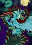  absurd_res anthro balls big_balls blood bodily_fluids chiropteran claw_marks dragon duo felid genitals halloween hi_res holidays hybrid machairodontine male male/male mammal raiza_kynzo size_difference skdaffle were 