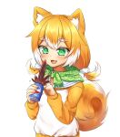  1girl :3 :d absurdres animal_ears can eyebrows_visible_through_hair green_eyes green_scarf highres holding holding_can klaius long_sleeves low_twintails open_mouth orange_hair original pepsi raglan_sleeves scarf simple_background smile solo tail twintails white_background 