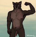  absurd_res anthro canid canine canis flexing flexing_bicep genitals half-erect hi_res humanoid_genitalia humanoid_penis male mammal muscular nude penis piercing portrait pose smile solo toned_muscles tooth_gap vexdoubloon wolf 