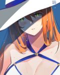  1girl alracoco bangs blue_background blush breasts brown_hair cleavage eyebrows_visible_through_hair girls_frontline green_eyes hair_between_eyes hair_rings hat long_hair looking_at_viewer m1903_springfield_(girls_frontline) parted_lips sidelocks simple_background solo sweat swimsuit upper_body white_headwear 