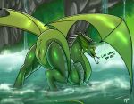  butt dragon evergreen_(drminty) female feral frill_(anatomy) genitals green_body green_scales horn partially_submerged presenting presenting_hindquarters pussy rainwing_(wof) scales solo spread_wings titaniapalace tongue tongue_out water waterfall wings wings_of_fire 