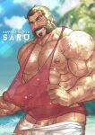  1boy abs arm_hair bara bare_pecs blush brown_hair chest_hair flaccid hairy highres large_pectorals league_of_legends malcolm_graves male_focus male_swimwear mature_male muscular muscular_male mutton_chops navel navel_hair nipples onionworkshop penis pink_tank_top pulled_by_self see-through shirt shirt_pull short_hair smirk solo swim_trunks swimwear tank_top thick_eyebrows thighs veins wet wet_clothes wet_shirt 
