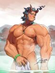  1boy abs bara bead_necklace beads beard blush broken_horn covering covering_crotch cowboy_shot dark_blue_hair demon_boy demon_horns facial_hair fang fiery_horns groin highres horns jewelry jin_(sirius-j) large_pectorals long_sideburns male_focus mature_male muscular muscular_male naked_towel navel navel_hair necklace nipples onsen short_hair sideburns solo steam stomach stubble takemaru_(tokyo_houkago_summoners) thick_eyebrows thighs tokyo_houkago_summoners towel veins 