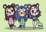  2020 animal_crossing anthro apron ascot blue_body blue_fur blush blush_stickers bottomwear brown_body brown_eyes brown_fur clothing eulipotyphlan eyelashes eyes_closed eyewear featureless_feet female fur gesture green_background group half-closed_eyes hand_on_head hand_on_own_face hedgehog jacket labelle_able mabel_able mammal narrowed_eyes nintendo open_mouth pants purple_body purple_fur sable_able sibling simple_background sister sisters smile striped_tail stripes suitcase sunglasses tan_body tan_fur topwear video_games waving 
